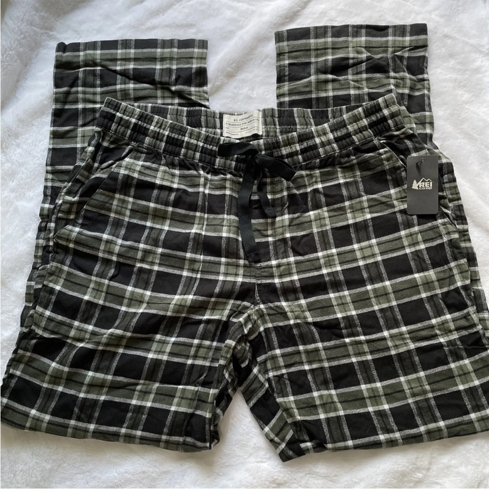 NWT REI Womens Wallace Lake Plaid Flannel Pajama Pants Green Black Cotton Soft M